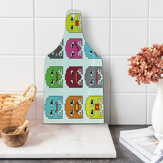 90s Cutting Board, 90's Vintage Video Games Style Cartoon Showing Vary Emotions with Stroke Art Print, Tempered Glass Cutting and Serving Board, Wine Bottle Shape, Green Yellow, by Ambesonne