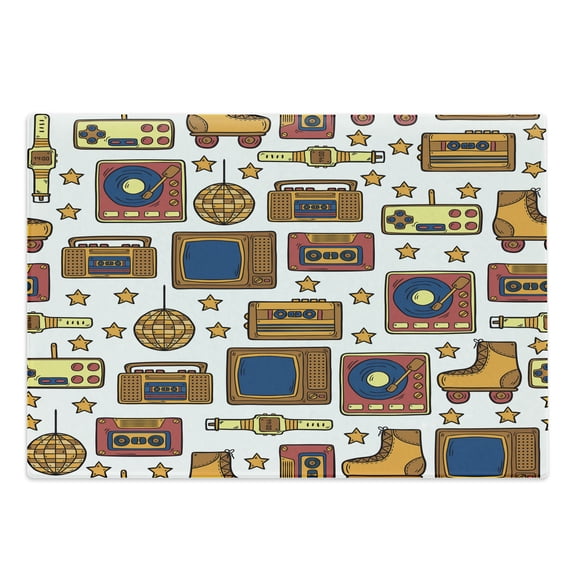 90s Cutting Board, 90s Theme with Old Style House Devices Roller Skate Shoes Fun Dance Style Retro Pattern, Decorative Tempered Glass Cutting and Serving Board, Large Size, Mustard, by Ambesonne