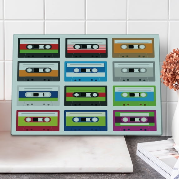 90s Cutting Board, Composition of Retro Plastic Audio Cassettes Tapes Old Technology Entertainment Theme, Decorative Tempered Glass Cutting and Serving Board, Large Size, Green Blue, by Ambesonne