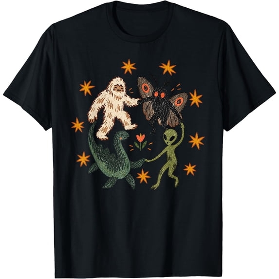 90s Dancing Cryptids Bigfoot Holding Hands in Circle T-Shirt - Walmart.com