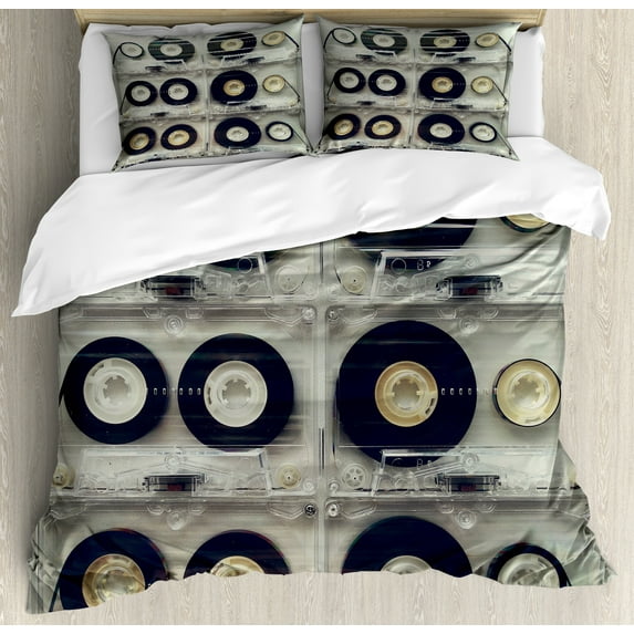 90s Duvet Cover Set, 80s 70s Retro Style Old Nostalgic Fun Dance Theme Music Song Products Vintage Photography, Decorative 3 Piece Bedding Set with 2 Pillow Shams, King Size, Black, by Ambesonne