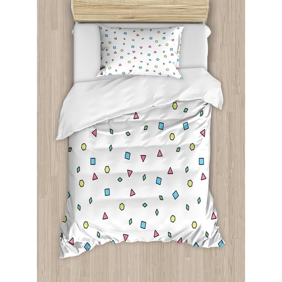 90s Duvet Cover Set, Colorful Mosaic Pattern with Geometric Shapes in Memphis Style Doodle Print, Decorative 2 Piece Bedding Set with 1 Pillow Shams, Twin Size, Blue Green, by Ambesonne