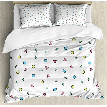 90s Duvet Cover Set, Colorful Mosaic Pattern with Geometric Shapes in Memphis Style Doodle Print, Decorative 3 Piece Bedding Set with 2 Pillow Shams, Calking Size, Blue Green, by Ambesonne