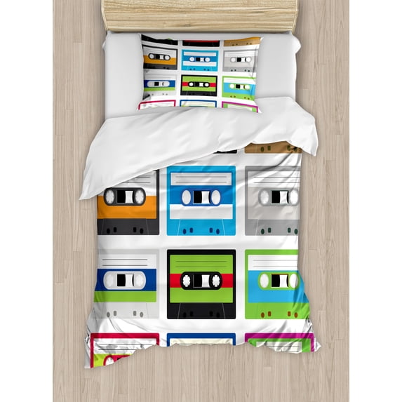 90s Duvet Cover Set, Composition of Retro Plastic Audio Cassettes Tapes Old Technology Entertainment Theme, Decorative 2 Piece Bedding Set with 1 Pillow Shams, Twin Size, Green Blue, by Ambesonne