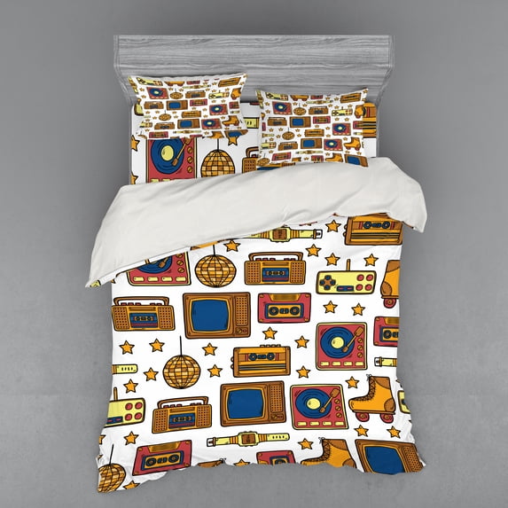 90s Duvet Cover Set, 90s Theme with Old Style Recorder Stereo Television Roller Skate Shoes Electronic Watch, Bedding Set with Shams and Fitted Sheet, 3 Sizes, by Ambesonne