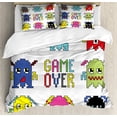 thumbnail image 1 of 90s Duvet Cover Sets, Pixel Robot Emoticons Game over Sign Inspired by 90's Computer Games Fun Artprint, Bedding Set 2 Duvet Covers & 4 Pillowcases, 2 Pack Queen Size, Yellow Red, by Ambesonne, 1 of 7