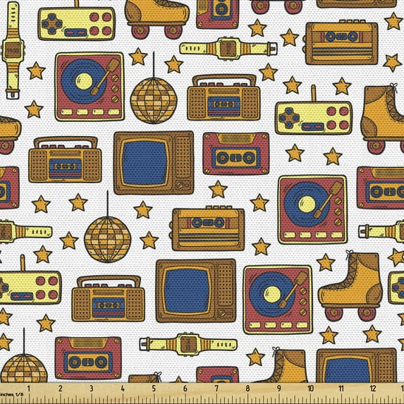 Ambesonne Vintage Fabric by the Yard Upholstery, 90s Theme Retro Fun Items, 1 Yard, Mustard