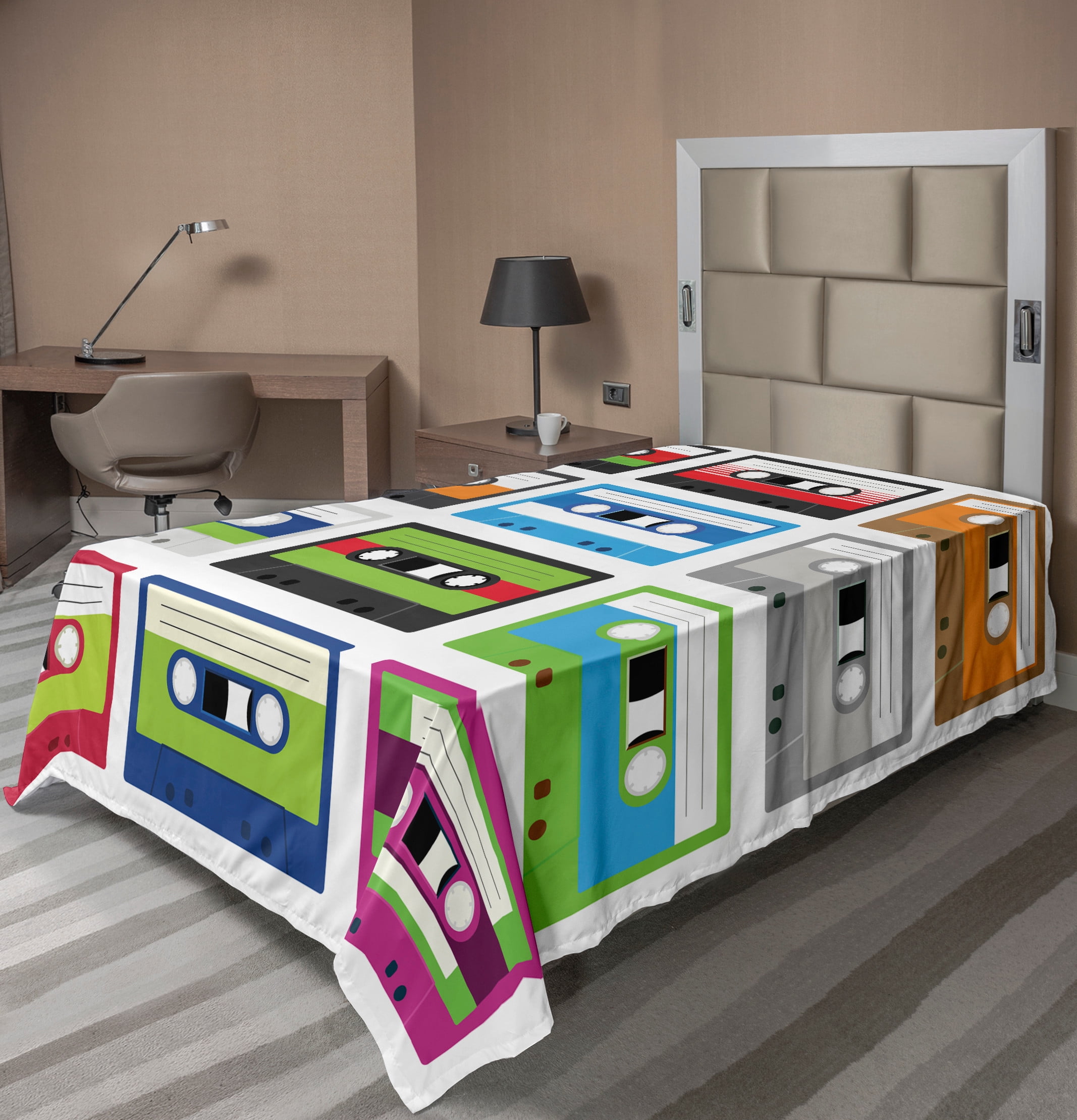 90s Flat Sheet, Composition of Retro Plastic Audio Cassettes Tapes Old