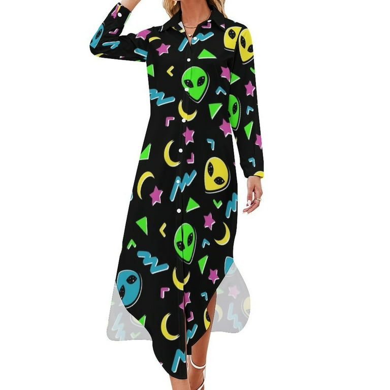 90s Geometric Alien Black and Neon Long Sleeved Shirt Dress