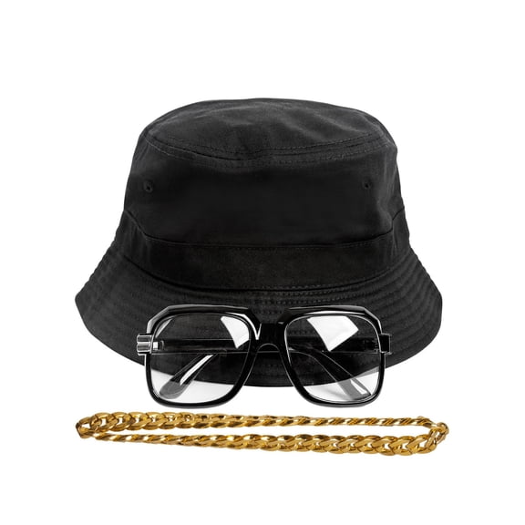90s Hip-Hop Gold Chain Costume Kit (Bucket Hat + Sunglass + Gold Chain) Black S/M