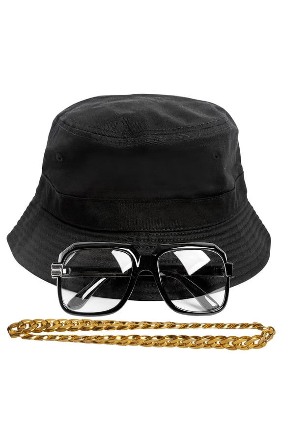 90s Hip-Hop Gold Chain Costume Kit (Bucket Hat + Sunglass + Gold Chain) Black S/M