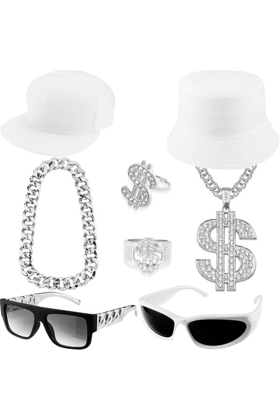 90s Hop 80s Rapper Costume Dollar Sign Chain Ring 2000s Glasses Hat Rapper Outfit Accessories for Men