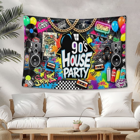 90s House Party Backdrop Hip Hop Graffiti 90's Theme House Party Decorations Retro Radio Brick Wall Party Banner 3.3*5FT
