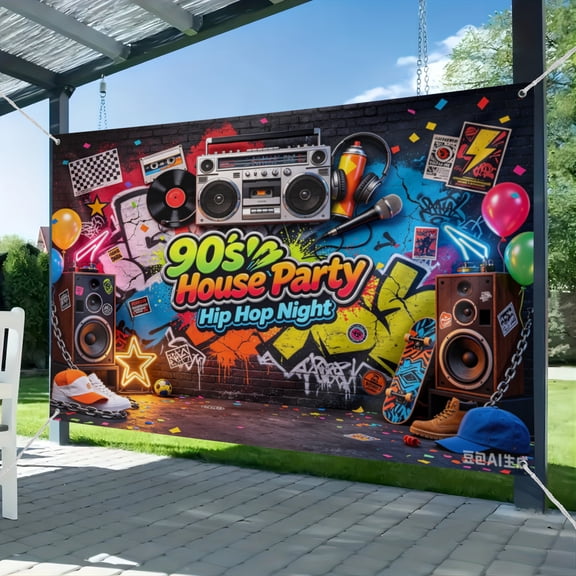 90s House Party Backdrop Hip Hop Graffiti 90's Theme House Party Decorations Retro Radio Brick Wall Party Banner 51*59IN