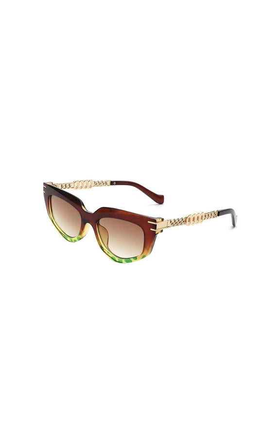 90s Inspired Cat Eye Sunglasses, Brown-Green Gradient Frame with Gold Chain Accent & Brown Gradient Lenses
