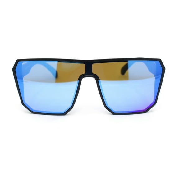 90s Large Geometric Rectangular Inset Lens Shield Fashion Sunglasses Matte Black - Blue Mirror