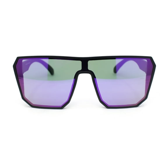 90s Large Geometric Rectangular Inset Lens Shield Fashion Sunglasses Matte Black - Purple Mirror