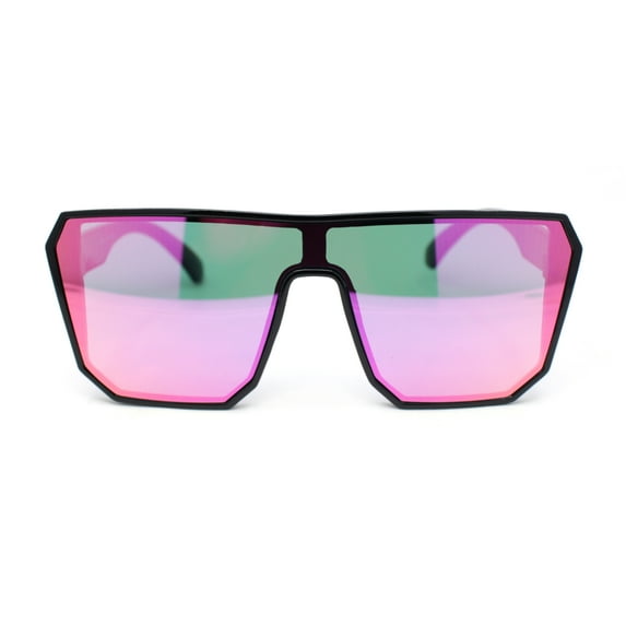 90s Large Geometric Rectangular Inset Lens Shield Fashion Sunglasses Shiny Black - Pink Mirror