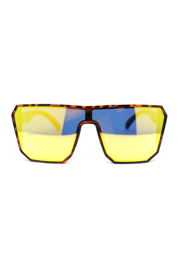 90s Large Geometric Rectangular Inset Lens Shield Fashion Sunglasses Tortoise - Yellow Mirror