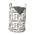 thumbnail image 1 of 90s Laundry Bag, Memphis Style Geometrical Illustration with Dots Barcode Triangle Shapes Retro Art, Basket with Handles Drawstring Closure for Laundromats, 13" x 19", Coral Black, by Ambesonne, 1 of 4