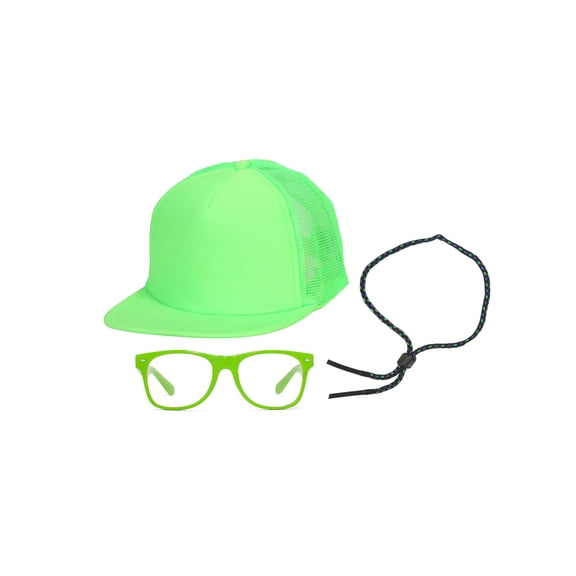 90s Neon Kit Neon Green Trucker Hat, Sunglass Strap, Neon Green Clear Sunglasses