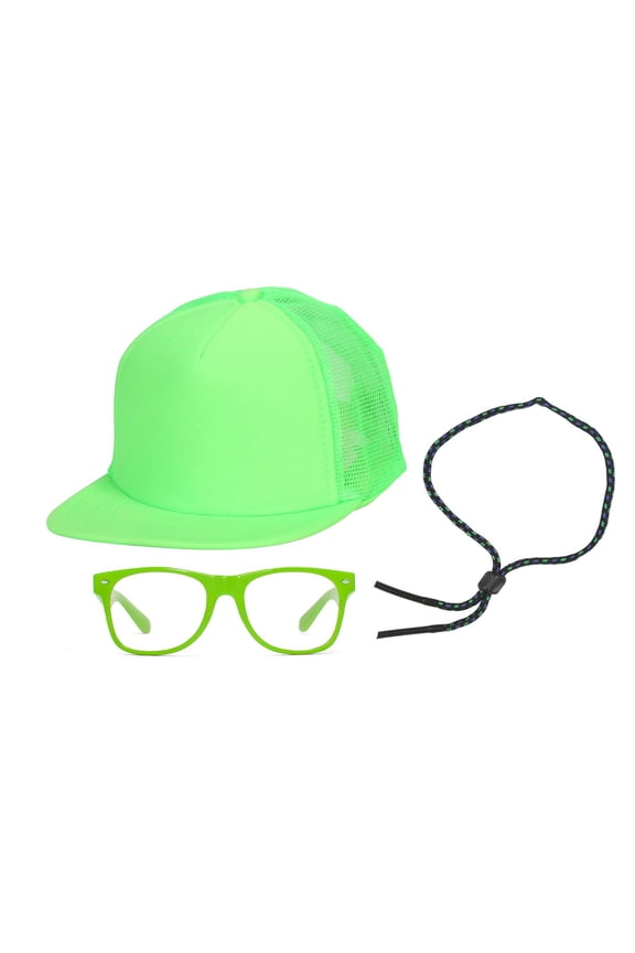90s Neon Kit Neon Green Trucker Hat, Sunglass Strap, Neon Green Clear Sunglasses