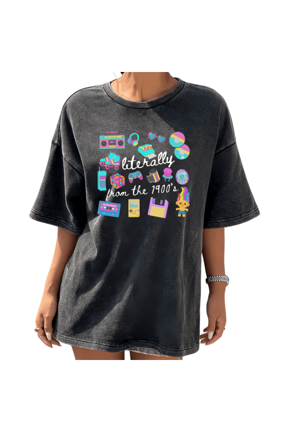 90s Nostalgia Retro Tech Toys Print Tshirt Washed Black Graphic Tees Shirts S-2XL Tops
