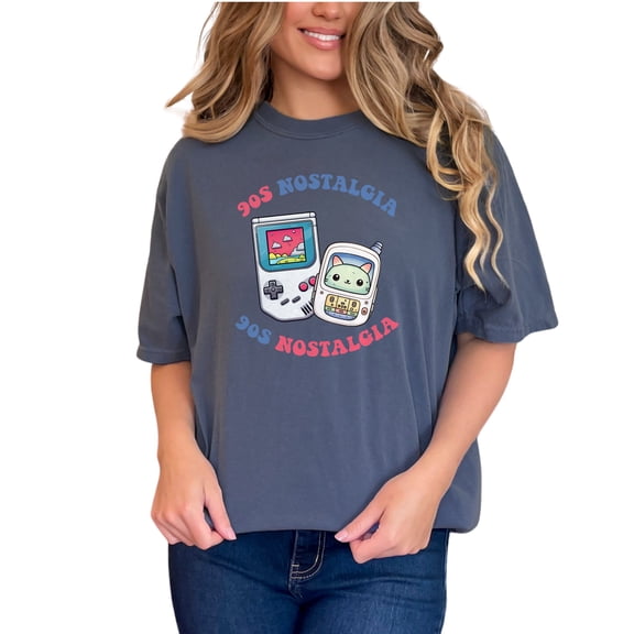 90s Nostalgia T-Shirt, Cute Retro Cat and Game Console Design, Vintage Gamer Tee, Fun 90s Throwback, Unique Gift for Gamers, Denim Comfort Colors T-Shirt, Large