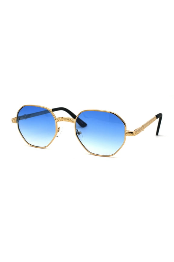 90s OG Rapper Victorian Heraldry Metal Rim Spring Hinge Sunglasses Gold Blue