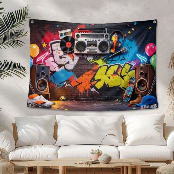90s Party Backdrop Hip Hop Graffiti 90's Theme House Party Decorations Retro Radio Brick Wall Banner 3.3*5FT