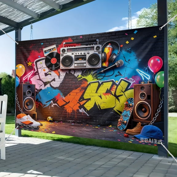 90s Party Backdrop Hip Hop Graffiti 90's Theme House Party Decorations Retro Radio Brick Wall Banner 51*59IN