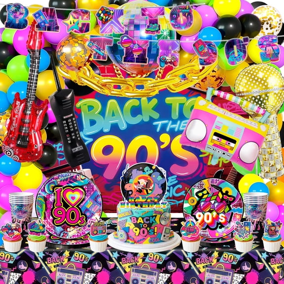 90s Party Decorations, 128pcs 90s Themed Party Supplies Set Including Back to The 90's Backdrop Balloons Cake Toppers Plates Tablecloth etc Back to The 90 s Birthday Party Supplies VT4