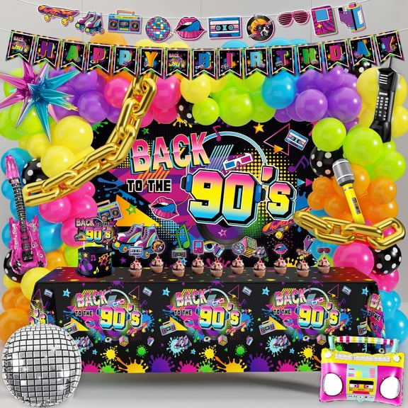 90s Party Decorations 80s Disco Theme Birthday Party Supplies with Back to the 90's Backdrop Tablecloth Happy Birthday Banner 90s Balloon Arch Kit and Cake Toppers C113