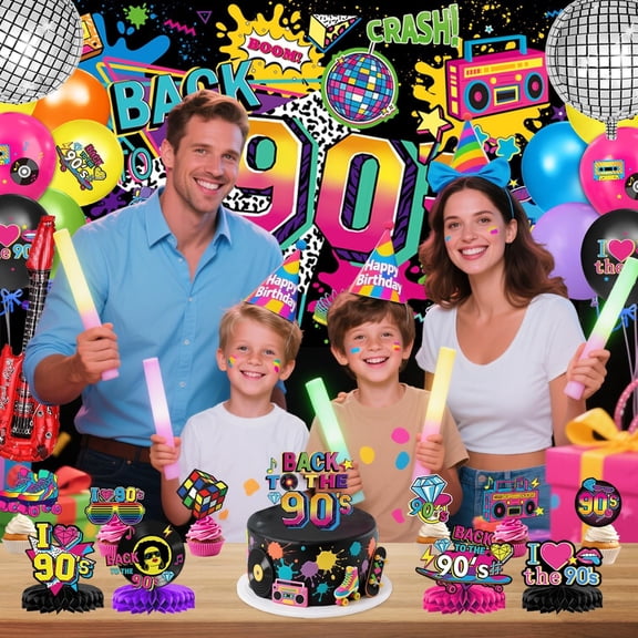 90s Party Decorations Includes 90's Backdrop, Foil & Latex Balloons, Cake & Cupcake Toppers, Honeycomb Centerpieces Banner, Hanging Swirls for 80s 90s Party Decorations$$Home Decor, Kitchen, & Other