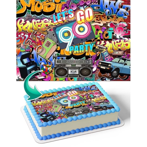 90s Party Graffiti 90s Themed Hip Hop Edible Image Icing Cake Topper for Quarter Sheet Cake, by TNCT