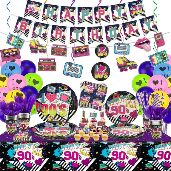 90s Party Supplies - Back to the 90s Party Decorations Set Including HAPPY BIRTHDAY Banner, Hanging Swirls, 90s Element Bunting, Plates, Cups, Napkins, Tableware, Tablecloth, Balloons - Serves 20