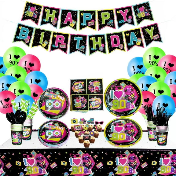 90s Party Supplies - Back to the 90s Party Decorations Set Including HAPPY BIRTHDAY Banner, Hanging Swirls, 90s Element Bunting, Plates, Cups, Napkins, Tableware, Tablecloth, Balloons - Serves 20