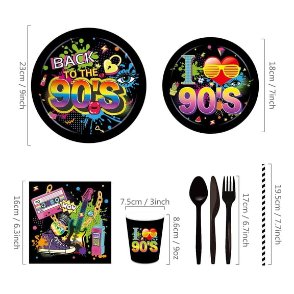 90s Party Tableware Set 16-Person Paper Plates Napkins Cups Cutlery 16 Guests