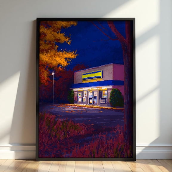 90s Pixel Art Video Store Print: Autumn Suburb Wall Art, Poster Only
