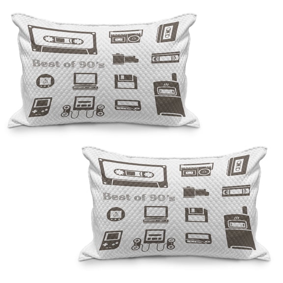 90s Quilted Pillowcover Set of 2, Gadget of 90s Pattern with Desktop Computer Video Game Joystick Nostalgia Theme Print, Standard Queen Size Pillow Cover for Bedroom, 30" x 20", Brown, by Ambesonne