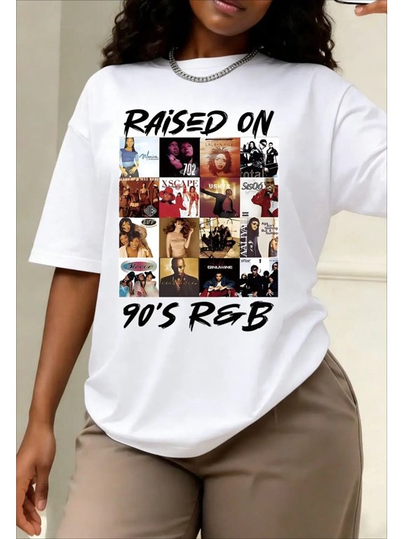 90s R&B Fashion Statement Print Crew Neck Tee Oversized Summer Vacation Top