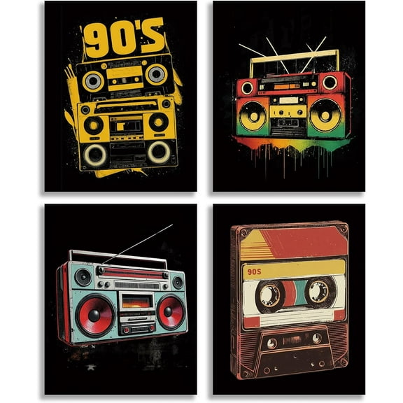 90s Retro Canvas Wall Art, Boombox and Cassette Prints, Vintage Music Theme Canvas Posters for Bar Bedroom Man Cave Decor, Black Background, Set of 4-8x10 Inches Unframed