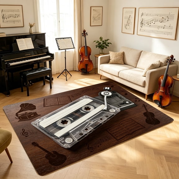 90s Retro Cassette Vinyl Music Instrument Floor Mat, Bedroom Kitchen Carpet, Housewarming Holiday Gift for Music Fans