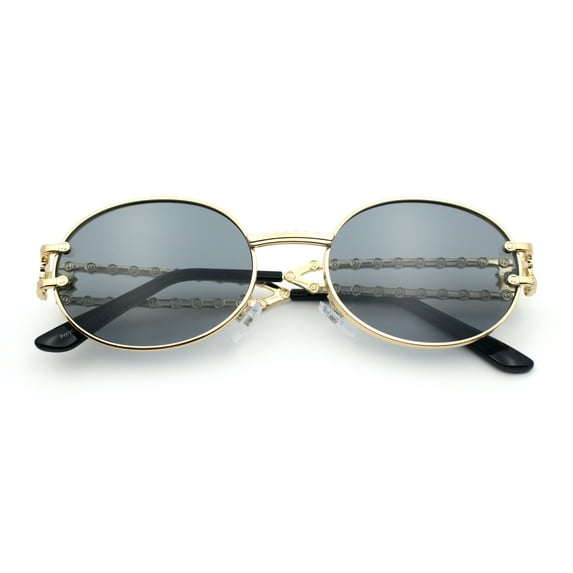 90s Retro Luxury Bicycle Chain Metal Jewel Arm Oval Round Sunglasses Light Gold - Black