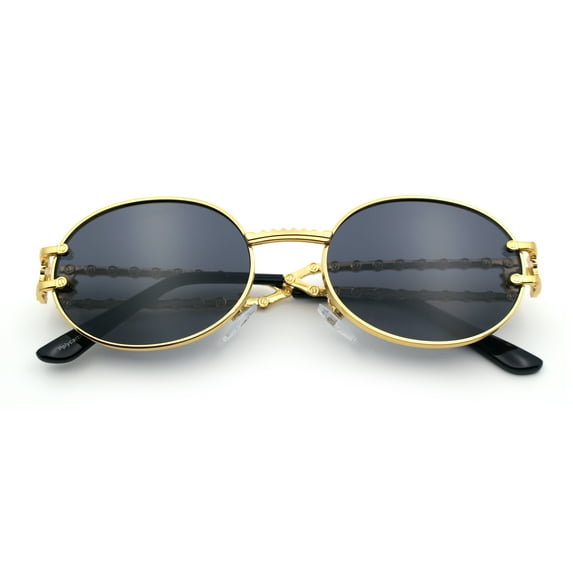 90s Retro Luxury Bicycle Chain Metal Jewel Arm Oval Round Sunglasses Yellow Gold - Black