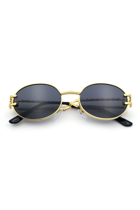 90s Retro Luxury Bicycle Chain Metal Jewel Arm Oval Round Sunglasses Yellow Gold - Black