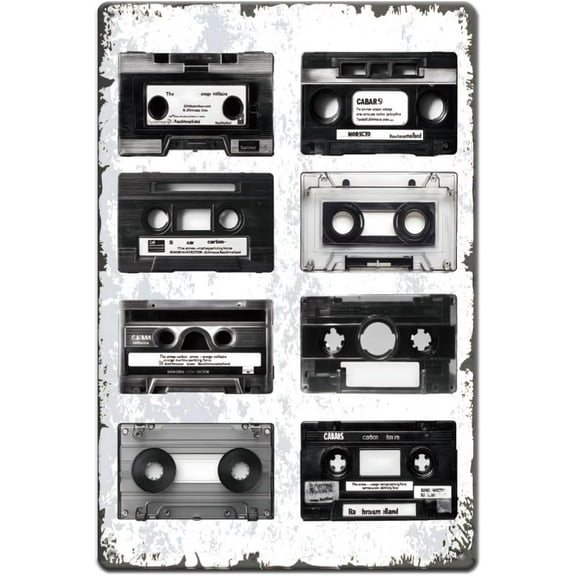90s Retro Music Tape Metal Signs Cassette Tapes Tin Sign Black and White Vintage Tin Signs Wall Art Retro Decor for Living Room Bedroom Music Room Bar Club Man Cave 30x20cm