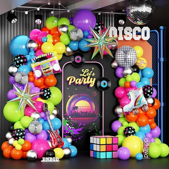 90s Retro Party Balloon Garland Kit,135Pcs Mix Neon Colors Balloon Arch with Radio,Guitar,Roller Skate,Laser Explosion Star,Disco Ball foil Balloons for Back to 80s 90s Rock Theme Party Decorations
