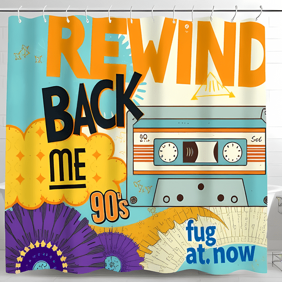 90s Retro Shower Curtain - Bold Graphic Design with Cassette Tape & Flower Power - Fun Bathroom Decor