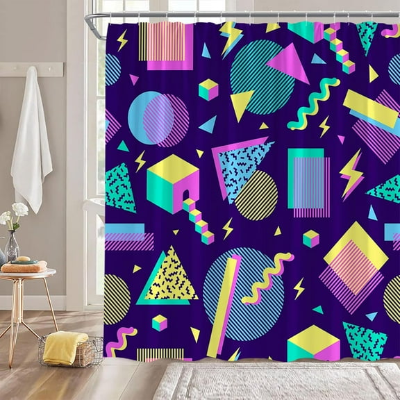 90s Shower Curtain Retro Colorful Geometric Round Circle Triangle Square Shapes Vintage Modern Abstract 80s Memphis Geometry Polyester Bathroom Decor Curtain with Hooks 54"W x 78"L (Pack of 1)